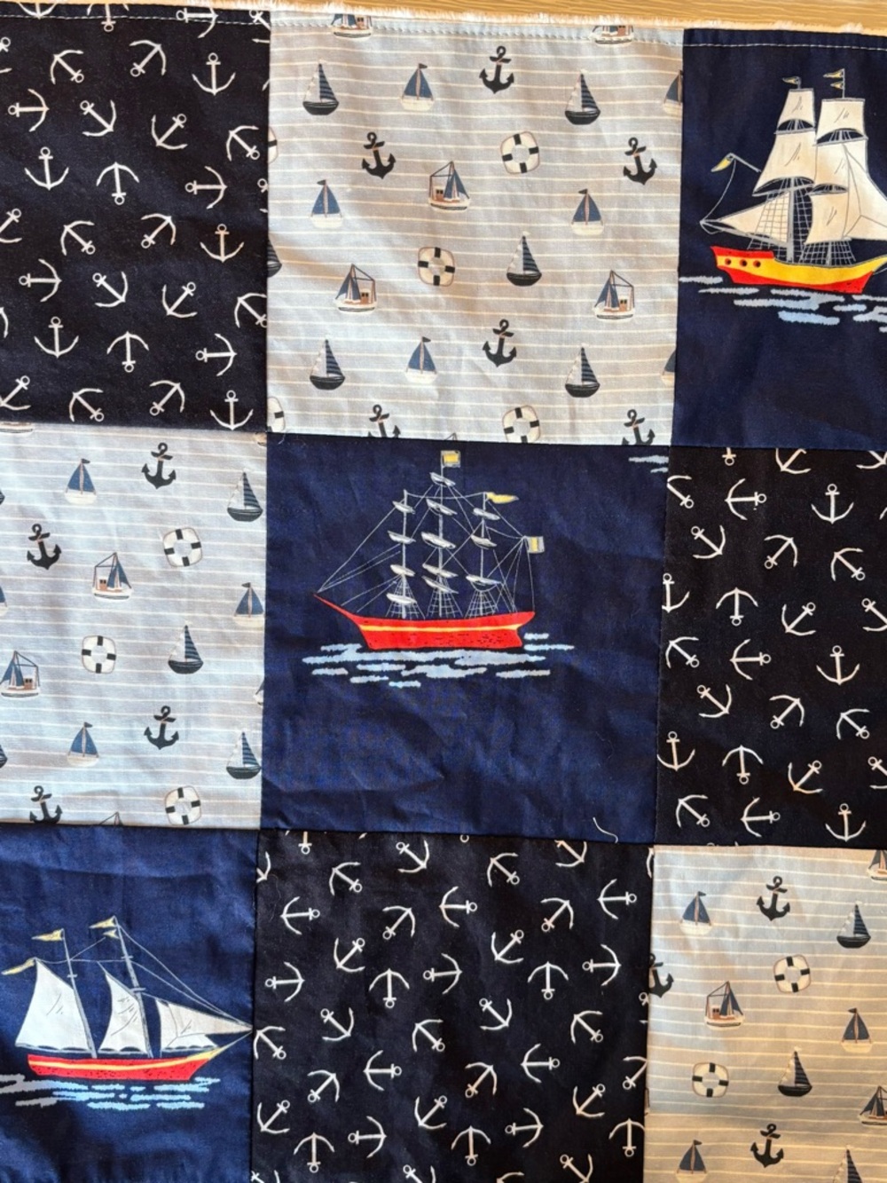 Nautical Patchwork Quilt with Ship and Anchor  Baby Blanket with Minky